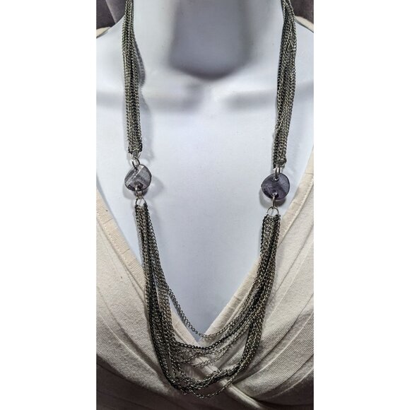 Chic Multilayer Chain Necklace Silver Tone With Muted Purple Bead Accents - Picture 2 of 5